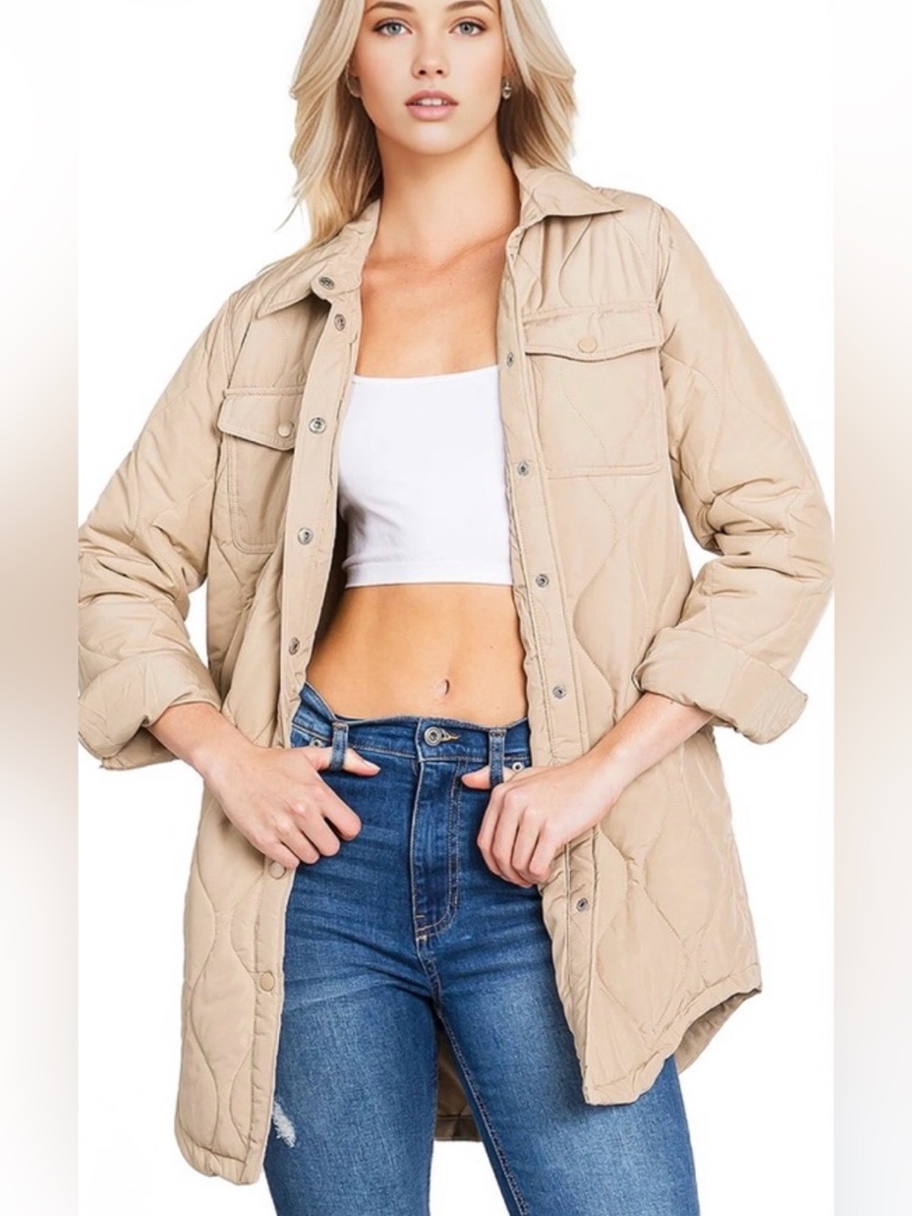 Love Tree Quilted Shirt Jacket Longline Snap Front Tan M